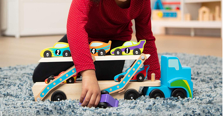 Melissa & Doug Mega Race-Car Carrier (Wooden Double Decker) with 5 Race Cars Only $15.49! (Reg 