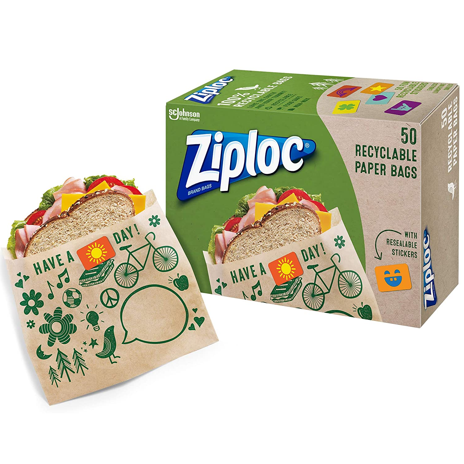 Ziploc Paper Sandwich Bags (Recyclable and Sealable) 50 Count Only 3.